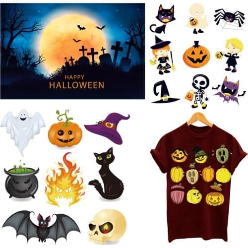 Halloween Cat Skull Patches Thermal Stickers on Clothes Fabric Iron-on Transfers for Clothing Thermoadhesive Patch Diy Applique