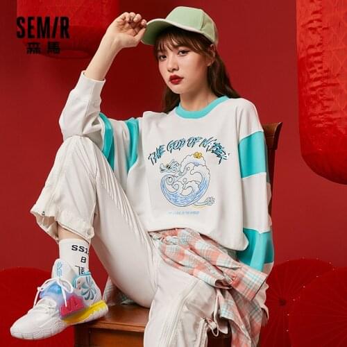 SEMIR Women Hoodie Spring 2021 New Contrast Color O Neck New Year Sweatshirt Oversize
