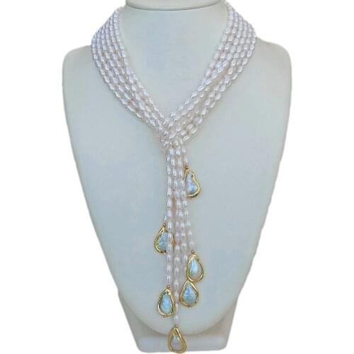 Y·YING 3 Strands Cultured White Rice Pearl Teardrop Pearl Lariat Long sweater chain Necklace 50