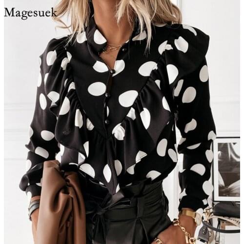 Spring Autumn Office Lady Chiffon Polka Dot Women Shirts Long Sleeve Ruffled V-neck Blouse Women Elegant Ladies Clothing 12253