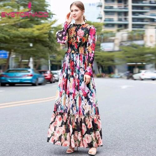 Women Long Boho Dress Summer Runway Floral Print Elegant Maxi Elastic Waist Flare Sleeve Slim Vintage Tunic Beach Dresses