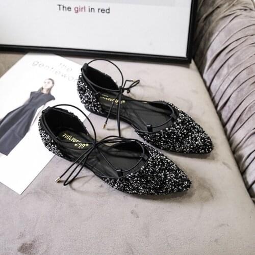 2021 New Women Luxury Rhinestone Ballet Flats Cross-tied Lace Up Flat Shoes Woman Crystal D'orsay Wedding Shoes Glitter Mules