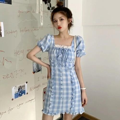 Short Puff Sleeve Dress Women Plaid Ruffles Lace-up Fashion Elegant Sweet Korean Style Mini Womens Vintage Vestido Chic Stylish