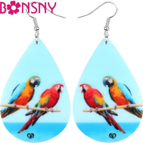 Bonsny Acrylic Teardrop Double Macaw Parrot Bird Earrings Animal Drop Dangle Jewelry For Women Girls Teens Kids Charms Gift Bulk