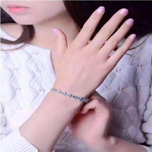 Blue topaz chain bracelet Free shipping Real natural love Heart blue topaz 925 sterling silver 6*6mm 8pcs