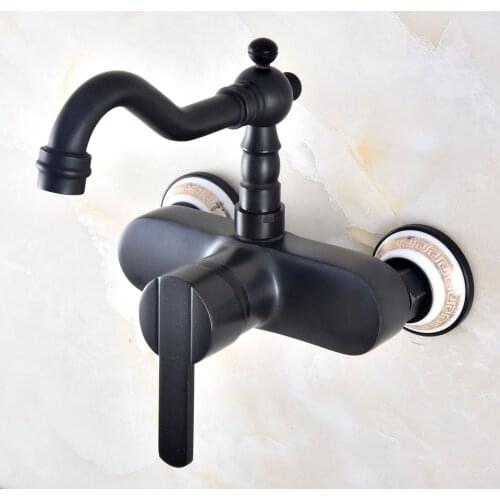 Black Oil Rubbed Bronze Wall Mounted Bathroom Kitchen Sink Faucet Swivel Spout Mixer Tap Single Handles Levers Lnf874