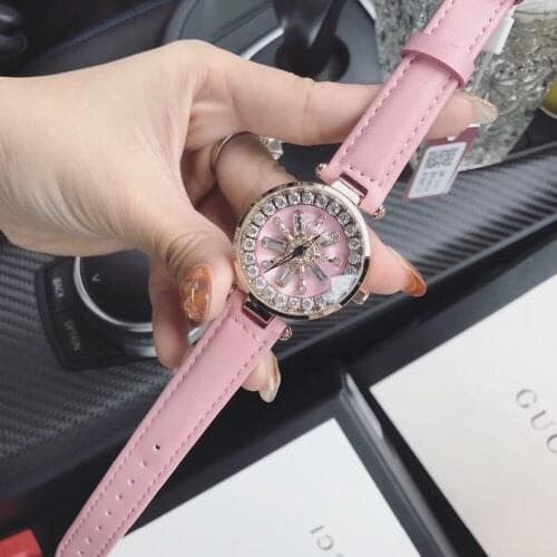 Sweet Pink Girls Genuine Leather Strap Watches GOOD LUCK Rotating Crystal Flower Watch Quartz Spinning Wrist watch Waterproof