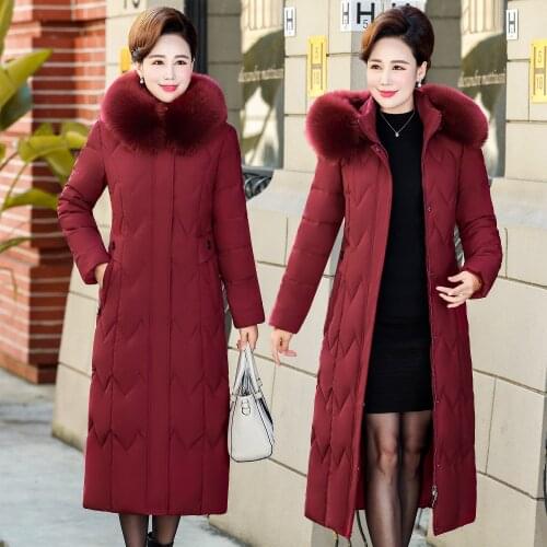 Long Winter Jacket Women Thick Warm Cotton Coats Middle-aged Womens Big Fur Collar Hooded Down Cotton Overcoat Thicken Warm Coat