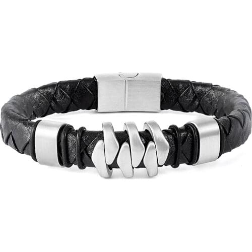 FYSARA Punk Magnet Clasps Weave Leather Bracelets Stainless Steel Irregular Pattern Charm Bracelets Men Boy Jewelry