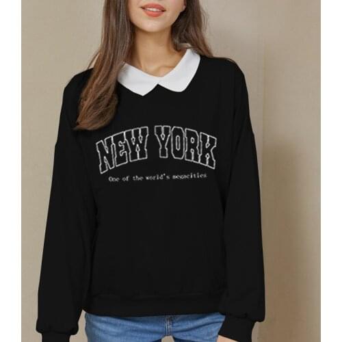 Cotton Sweatshirt with A Collar New York Letter Print Hoodie Loose Korean Pullover Women Vintage Streetwear Fashion Top Pocket