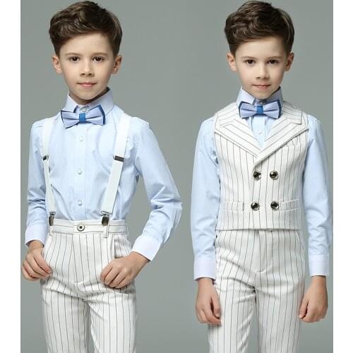 Flower Boys Formal Wedding Tuxedo Dress Kids Vest+Shirt+Pants+Tie Clothing Set Gentleman Children Graduation Party Costume