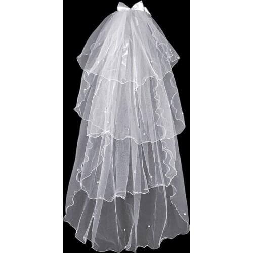 Sweet Short Tulle Wedding Veils 4 Layers With Pearl Bow White Ivory Bridal Veil for Bride for Marriage Wedding Accessories