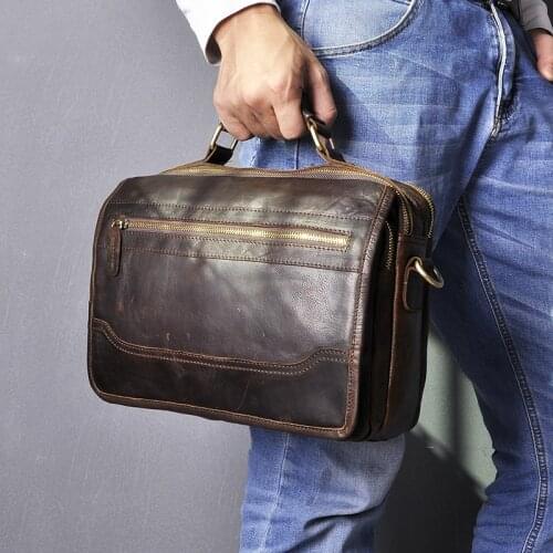 100% Quality leather Men Fashion Shoulder crossbody Messenger Bag Real leather Designer Mochila University Book School bag 648-d