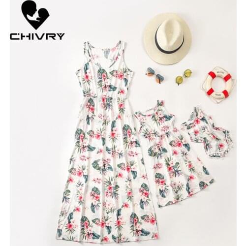 New 2020 Mother Daughter Dresses Sleeveless Floral Print Dress Mom and Daughter Sundress Family Matching Clothes