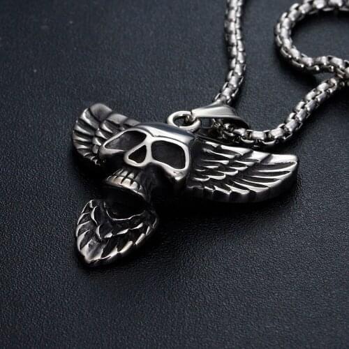 Hallowmas Gift Antique Skull Pendant Stainless Steel Men Jewelry Gold Color Punk Vintage Wing Necklace