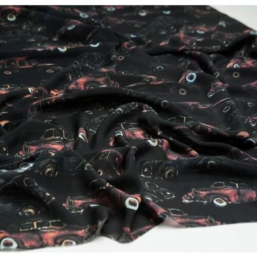 Retro red car printed pure silk crepe de chine fabric, black color, sewing for dress, skirt, blouse, craft by the yard