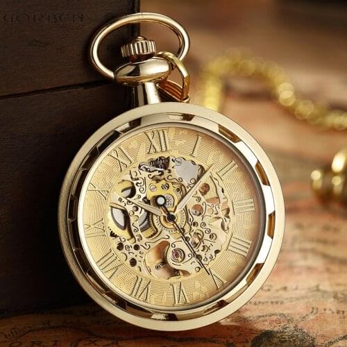 Luxury Antique Golden Roman Numerals Dial Mechanical Hand Winding Pocket Watch Fashion Unique Watches For Men Women Fob Chain