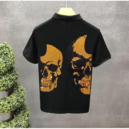 POLO Shirt Is Suitable For Spring Mens Youth Hot Diamond Skull Short-Sleeved Business Office Leisure High-Quality Cotton Lapel