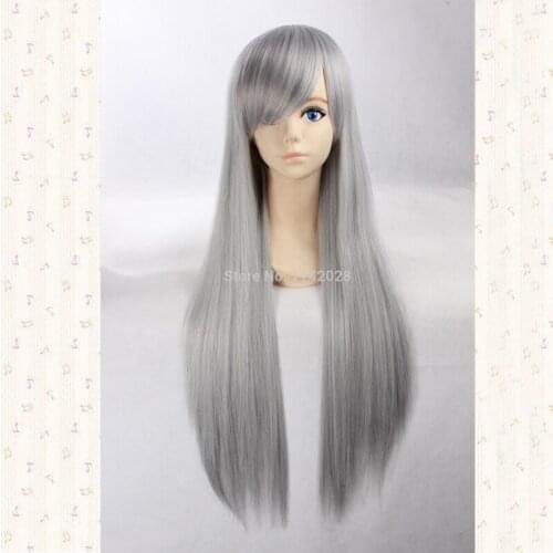 Sephiroth 80cm Silvery Grey Long Straight Inclined Bangs Synthetic Hair Cosplay Wig + Wig Cap