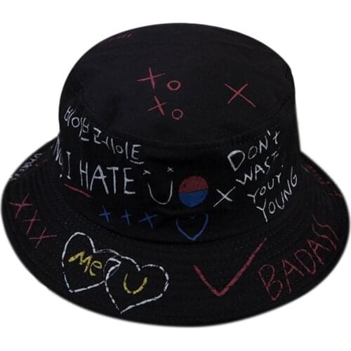 Unisex Harajuku Bucket Hat Korean Letters Graffiti Print Hip Hop Fisherman Cap B95F