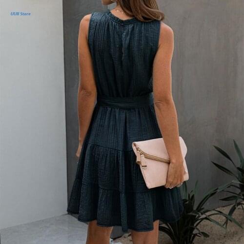 Women Summer Sleeveless Casual Pleated Midi Long Tank Dress with Belt Solid Color O-Neck Flared Hem Loose Swing Sundress