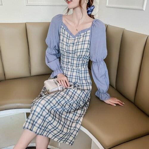 Retro Long Sleeve Patchwork Plaid Women Dresses V-Neck Buttons Ruffle Slim Waist Autumn 2021 Mori Girl One Piece Korean Vestidos