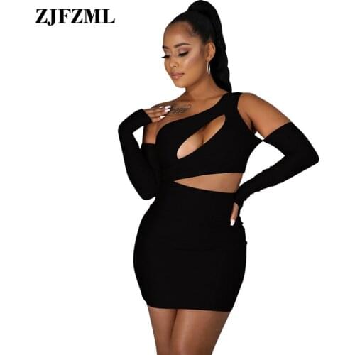 Inclined Shoulder Sleeveless Bandage Mini Dress Women Cut Out Hole Backless Bodycon Dresses Summer Black Birthday Party Dress