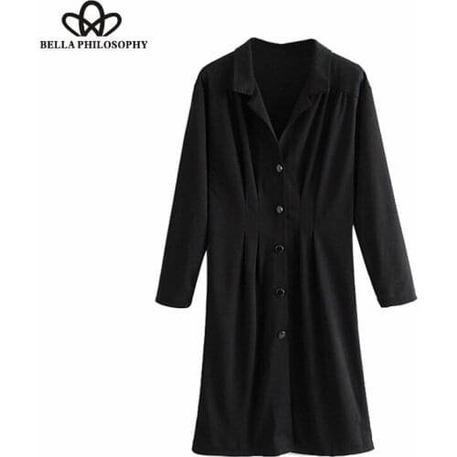 Bella Philosophy 2019 Chic Buttons Pleated Dress Lapel Collar Long Sleeve Streetwear Ladies Dresses Casual Vestidos Mujer
