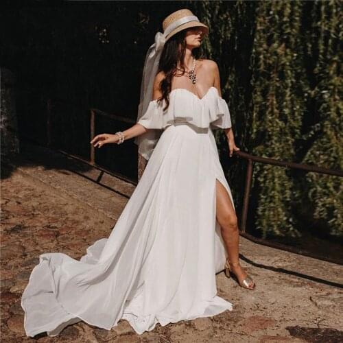 Simple Chiffon Boho Wedding Dresses Off The Shoulder Side Split Beach A-Line Cheap Wedding Party Gowns Vestidos Novia Customize