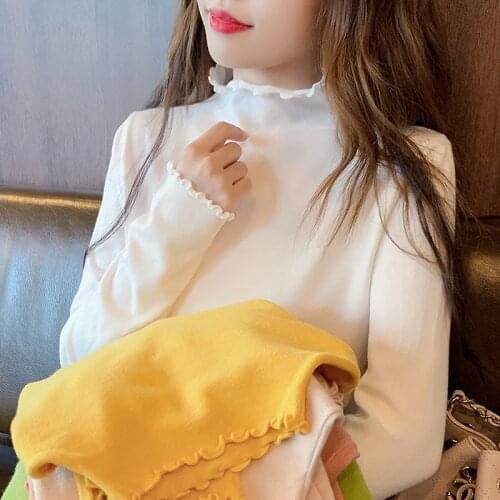 Zoki Autumn Soft Women Pullover Basic Sweater Fashion Ruffles Turtleneck Knitted Long Sleeve Jumper Casual Solid Color Top 2020