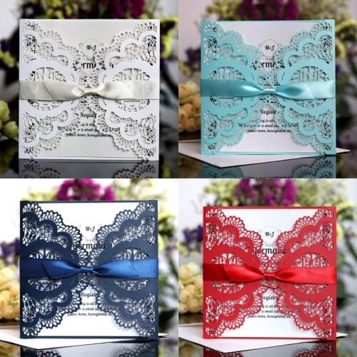 10pcs Lover Birds Square Laser Cut Flower With Bowknot Customize Engagement Wedding Invitations Card Decor Event Party Supplies