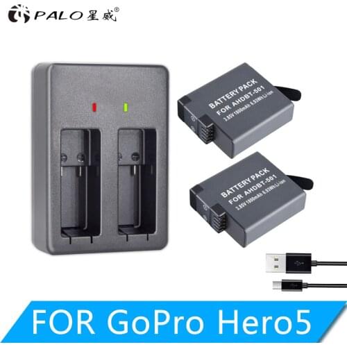 2pcs 1800mAh AHDBT-501 Battery Pack with USB Charger for GoPro Hero 7 6 5 Black Sports Cam for Go Pro 7 Action Camera Accessory