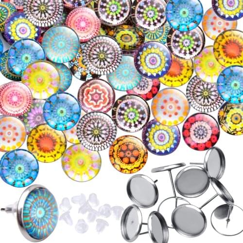 50pcs Kaleidoscope Pattern Flatback Glass Dome Cabochons Gems with 10pcs Silver Stud Earring Blanks,10pcs Clear Earring Backs