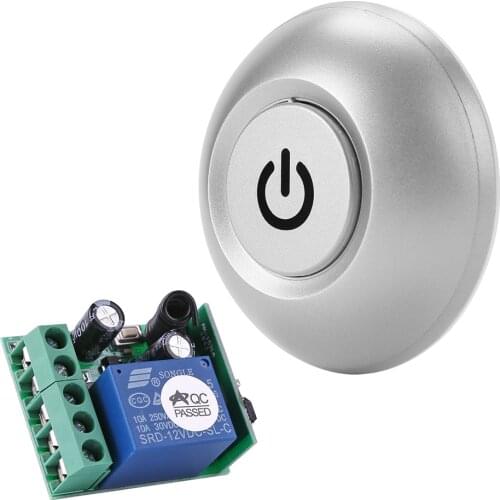 433MHz Wireless Remote Control Switch 12V 1CH Relay Receiver Module + Kinetic Self-powered Round RF Transmitter for Light Garage