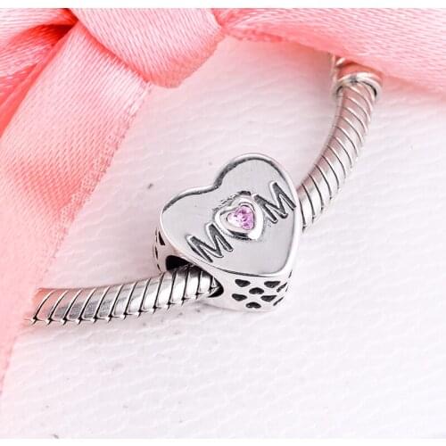 Fits for Pandora Bracelets Mother Heart Charms with Pink Crystal Original 100% 925 Sterling Silver Jewelry Beads Free Shipping
