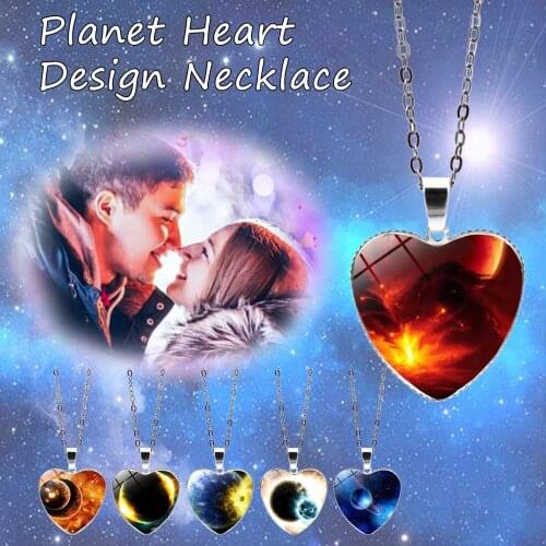 Fashion Solar System Planet Galaxy Double Side Glass Universe Heart Shaped Pendant Necklace Classic Jewelry Chain Man Women