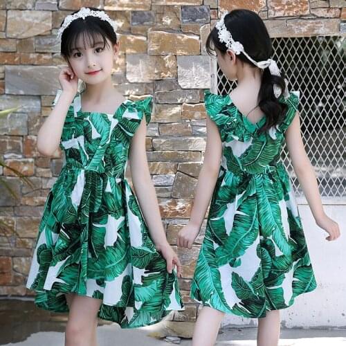 Weixu Kids Backless Dresses for Girls Green Abstract Pattern Swallow Tailed Cotton Dress Toddler Girls Summer Holiday Clothing