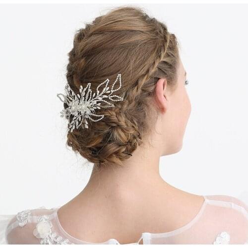 SLBRIDAL Handmade Wired Rhinestones Crystal Pearls Flower Wedding Hair Comb Bridal Headpieces Hair Accessories Women Jewelry