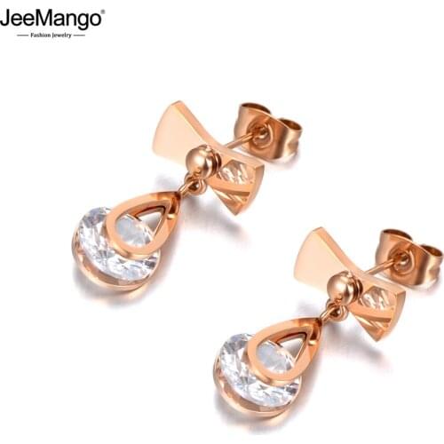 JeeMango Trendy Rose Gold 316L Stainless Steel Bowknot Stud Earrings For Women Girls Bohemia CZ Crystal Wedding Earrings JE20081