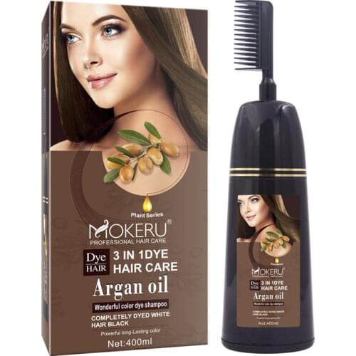 MOKERU 400ml Natrual Long Lasting Argan Oil Extract Hair Dye Comb Permanent Hair Dye Shampoo For Covering Gray Dry Hair Dyeing