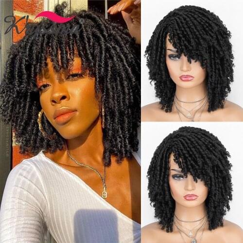 Kryssma Dreadlock Wig Short Curly Faux Locs Wigs With Bangs For Black Women Synthetic Natural 1B/30 Ombre Brown Braided Wig