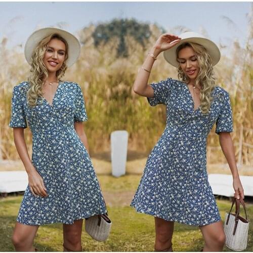 French V-neck Floral Chiffon Dress Female 2021 Summer New High Waist Short Sleeved Dress
