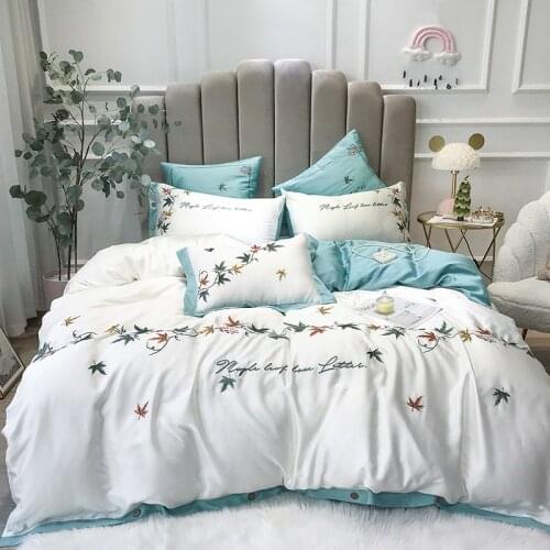Luxury Embroidery Bedding Sets Maple Leave Beddingset 600TC Tencel Bed Linen Duvet Cover Bed Sheet Sets 4/7pcs Bed Pillowcase