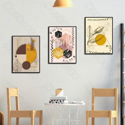 Modern Canvas Painting Wall Poster Geometric Patterns and Art Plants with Yellow Brown Black Pink for Home Room Wall Decoration