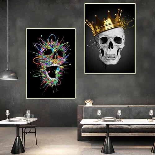 Vintage Black Gold Skull Crown Canvas Painting Graffiti Wall Posters Customizable Personality Bedroom Art Picture Decoration