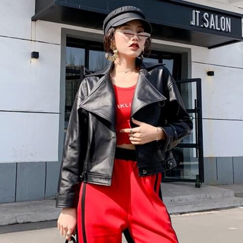2020 Casual Loose Real Coat Ladies Streetwear Black Genuine Leather Lambskin Jacket Women Oversize Autumn Outwear Female