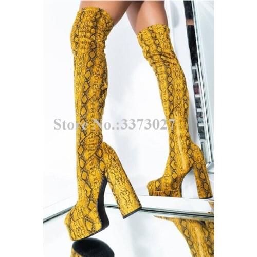Woman Sexy Yellow Snakeskin Chunky Heel Long Boots Fashion Design Platform Over the Knee Boots Lady New Banquet Winter Boots