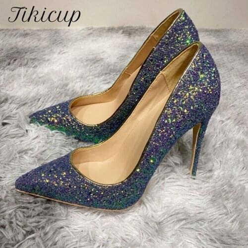 Tikicup Purple Bling Sequins Women Pointy Toe High Heels Sexy Ladies Wedding Party Shoes Slip On Pumps 12cm 10cm 8cm Customize