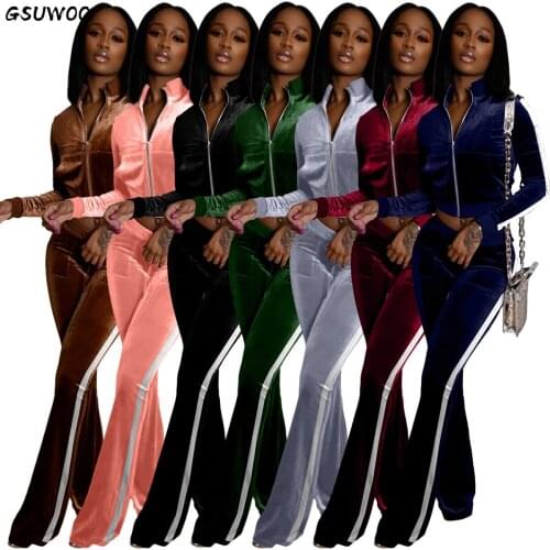 Gsuwoo Womens Striped Colorblock 2pcs Tracksuit Sets Autumn Long Sleeve Crop Zipper Top Flared Pants Sport Outfits Clothing