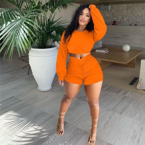 Hirigin Summer Fall Streetwear Bodycon 2 Piece Sets Women Outfits Long Sleeve T-shirts Crop Tops Biker Shorts Tracksuits 2021